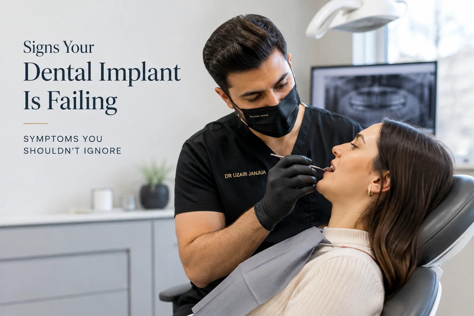 Dentist assessing a patient's dental implant and surrounding gumsDentist assessing a patient's dental implant and surrounding gums