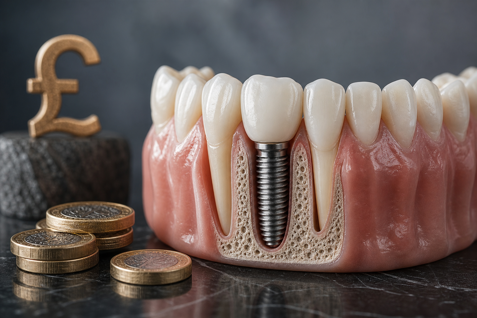 Cheapest Dental Implants in the UK: Where a Low Price Can Become Expensive concept showing natural teeth and UK currency