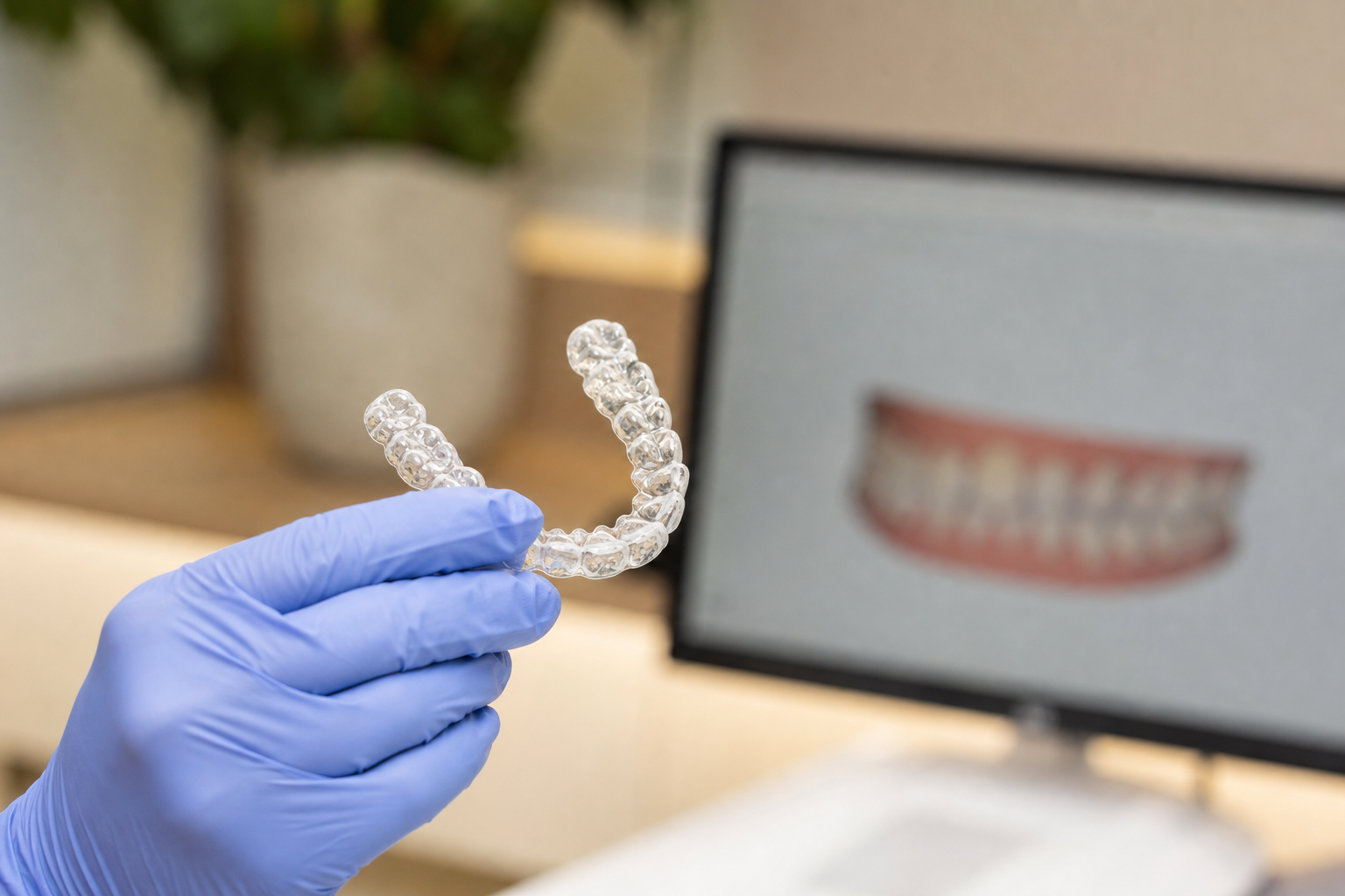 Clear aligner tray held against a neutral background representing a UK price guide discussion