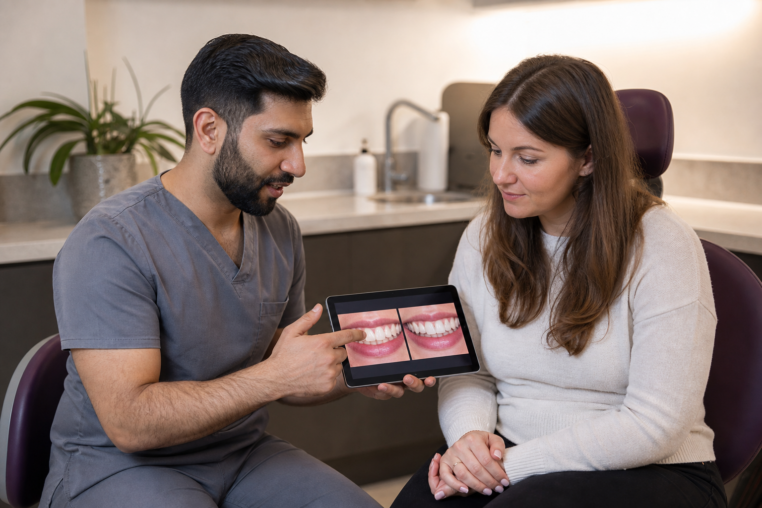 Dentist reviewing composite bonding before and after photographs with a patient during a consultation