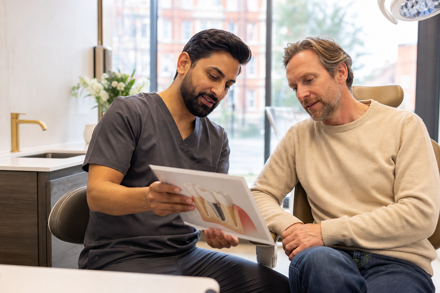 Dentist discussing a dental implant treatment plan and cost breakdown with a patient in a Birmingham dental practice