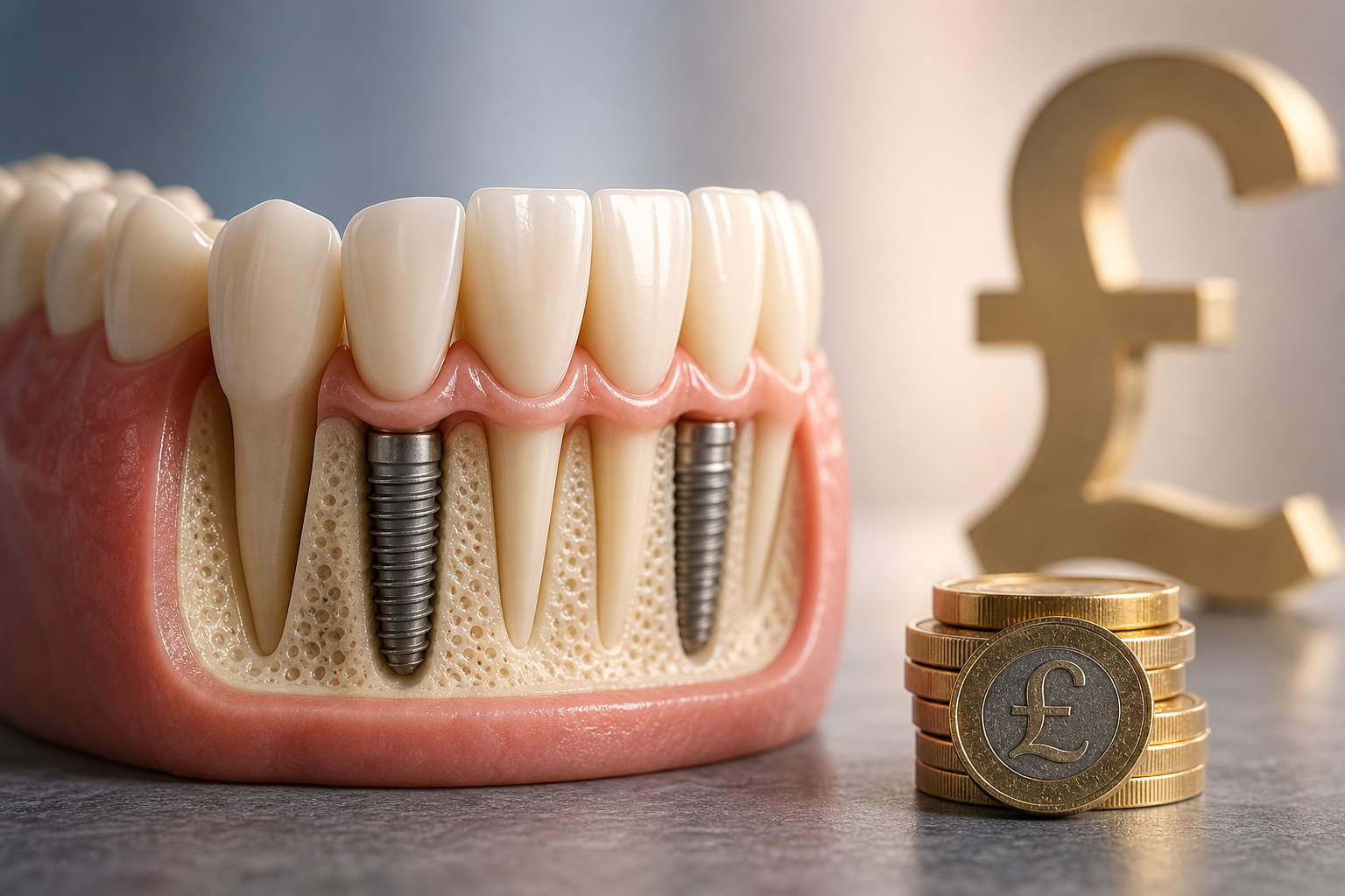 Full Set of Dental Implants Cost in the UK: What Full Mouth Really Means concept showing natural teeth and UK currency