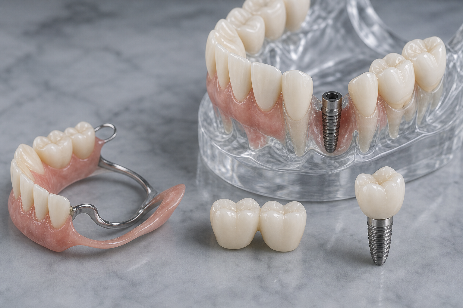 Missing Tooth Replacement: Implant, Bridge or Denture? dental treatment concept