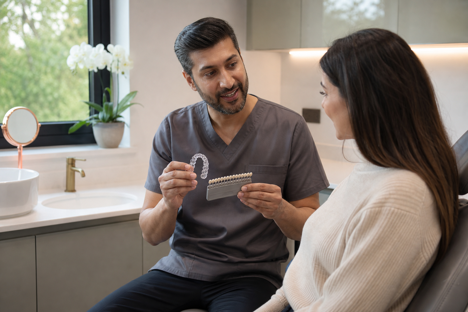 Dentist discussing teeth whitening treatment options and pricing with a patient during a consultation