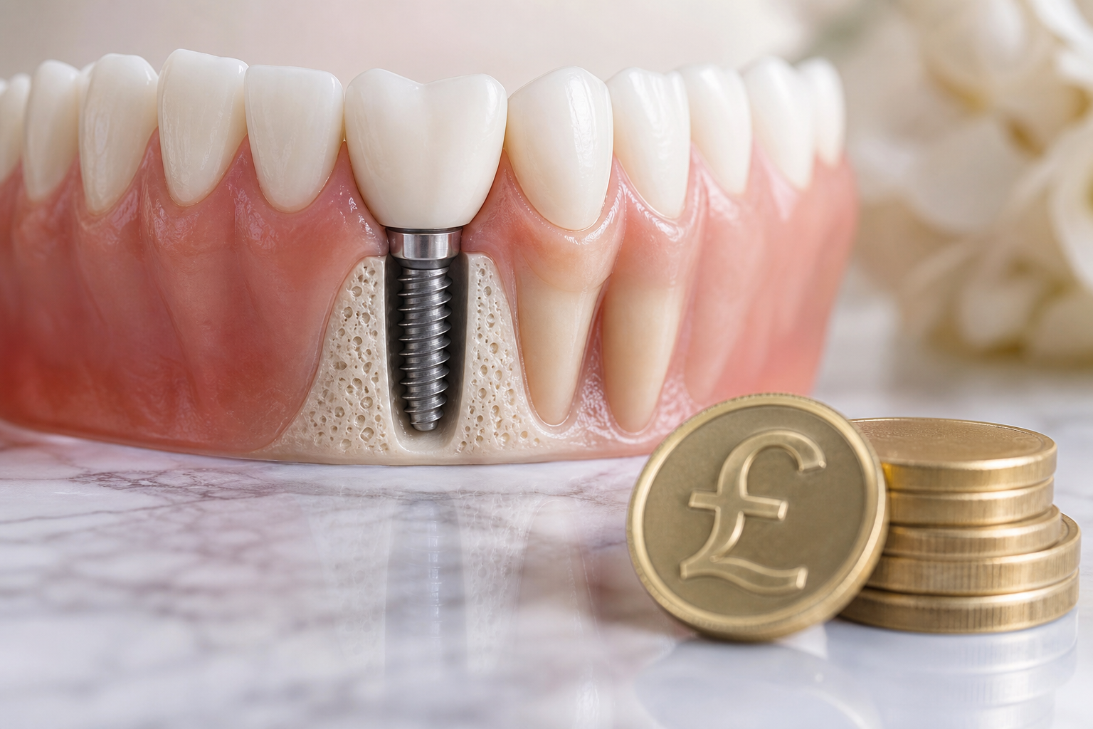 Dental Implants for Older Adults: Cost, Bone and Suitability concept showing natural teeth and UK currency