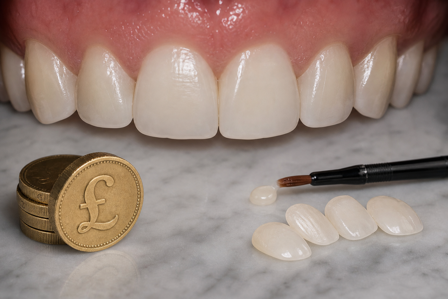 Does Composite Bonding Stain? Coffee, Curry, Smoking and Realistic Maintenance concept showing natural teeth and UK currency